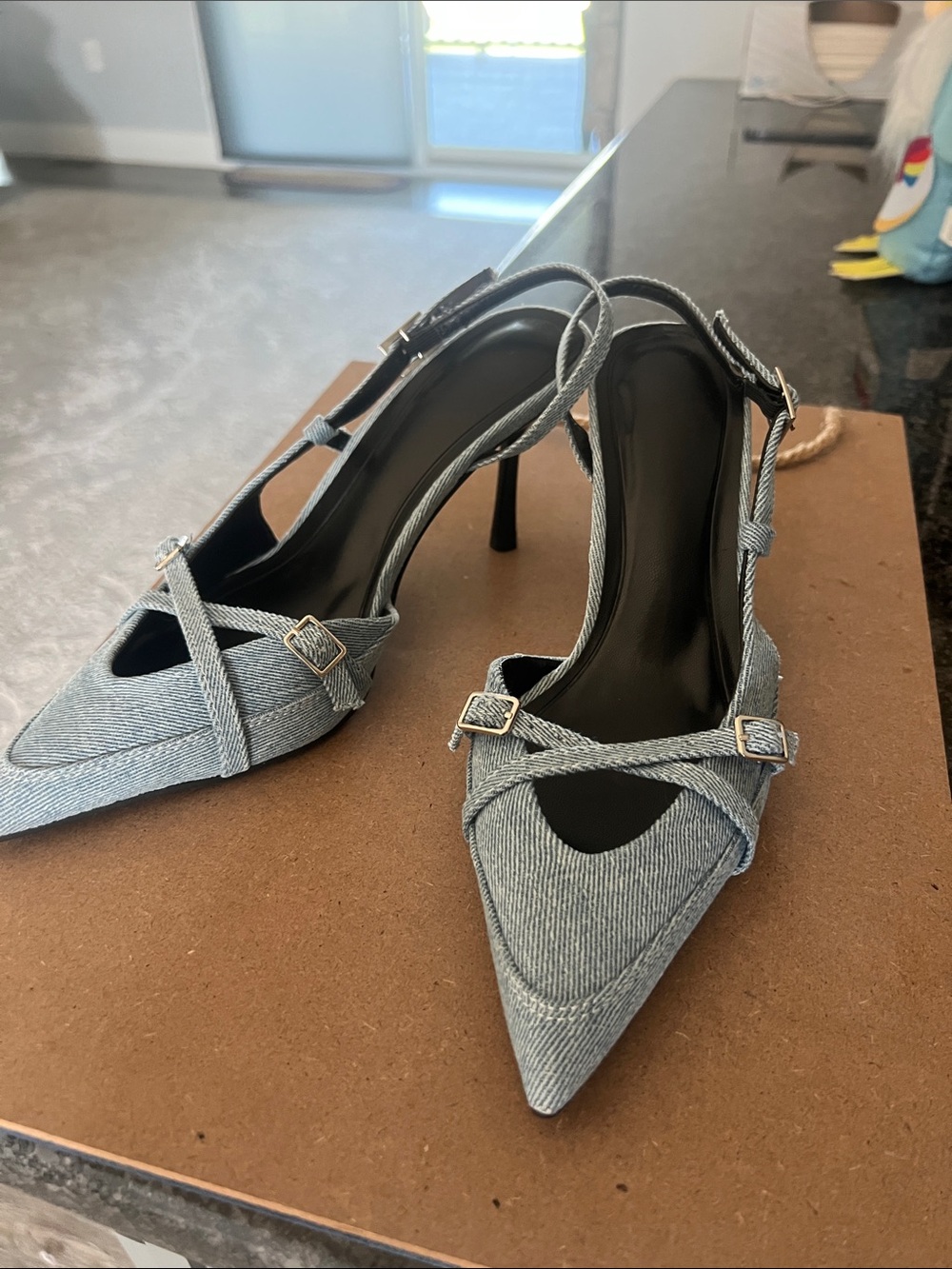 Denim Pointed Toe Slingback Heels - Blue